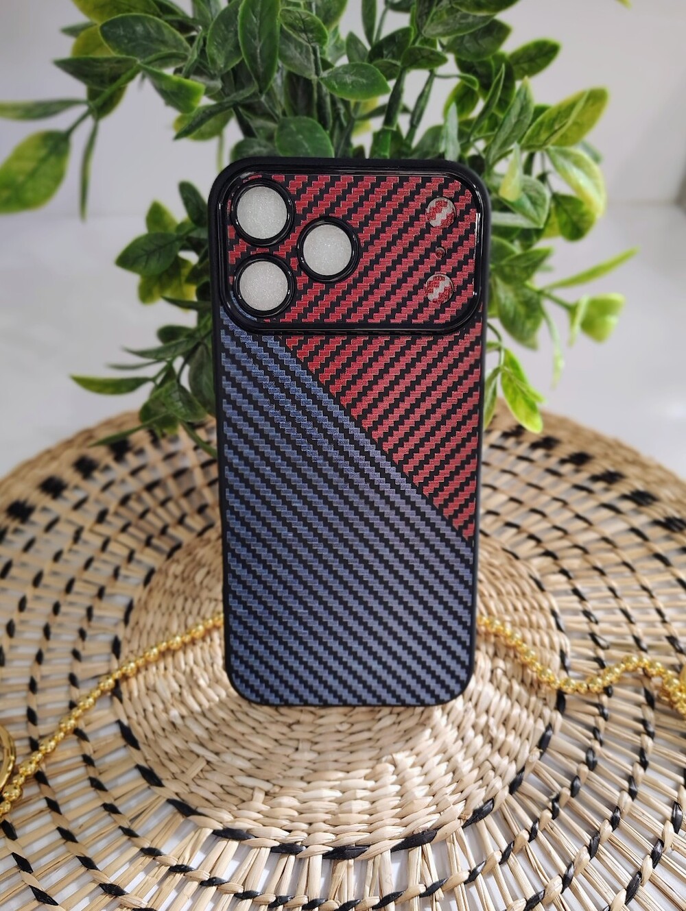 Premium Two-Tone Carbon Fiber Style Iphone 17 Pro Max Case - Red & Blue
